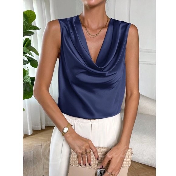 Satin Draped Cowl Neck Sleeveless Blouse Blue - Picture 7 of 8